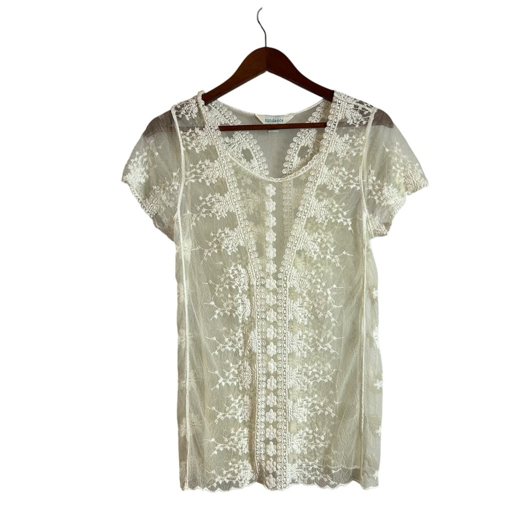 Sundance Cream Floral embroidered Lace short sleeve sheer blouse top size S